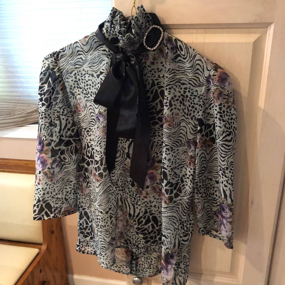 Artsy Eccentric bold animal printed ribbon bowtie whimsical high neck blouse